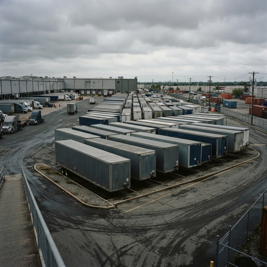 Row of trailers parked in a freight terminal yard